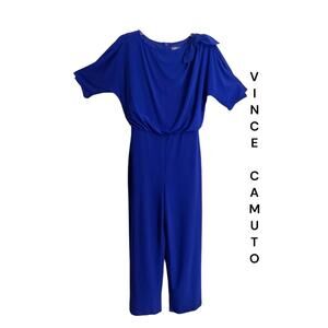Vince Camuto Jumpsuit Women's Size 0 Blouson Blue Wide Leg Stretch Pockets
